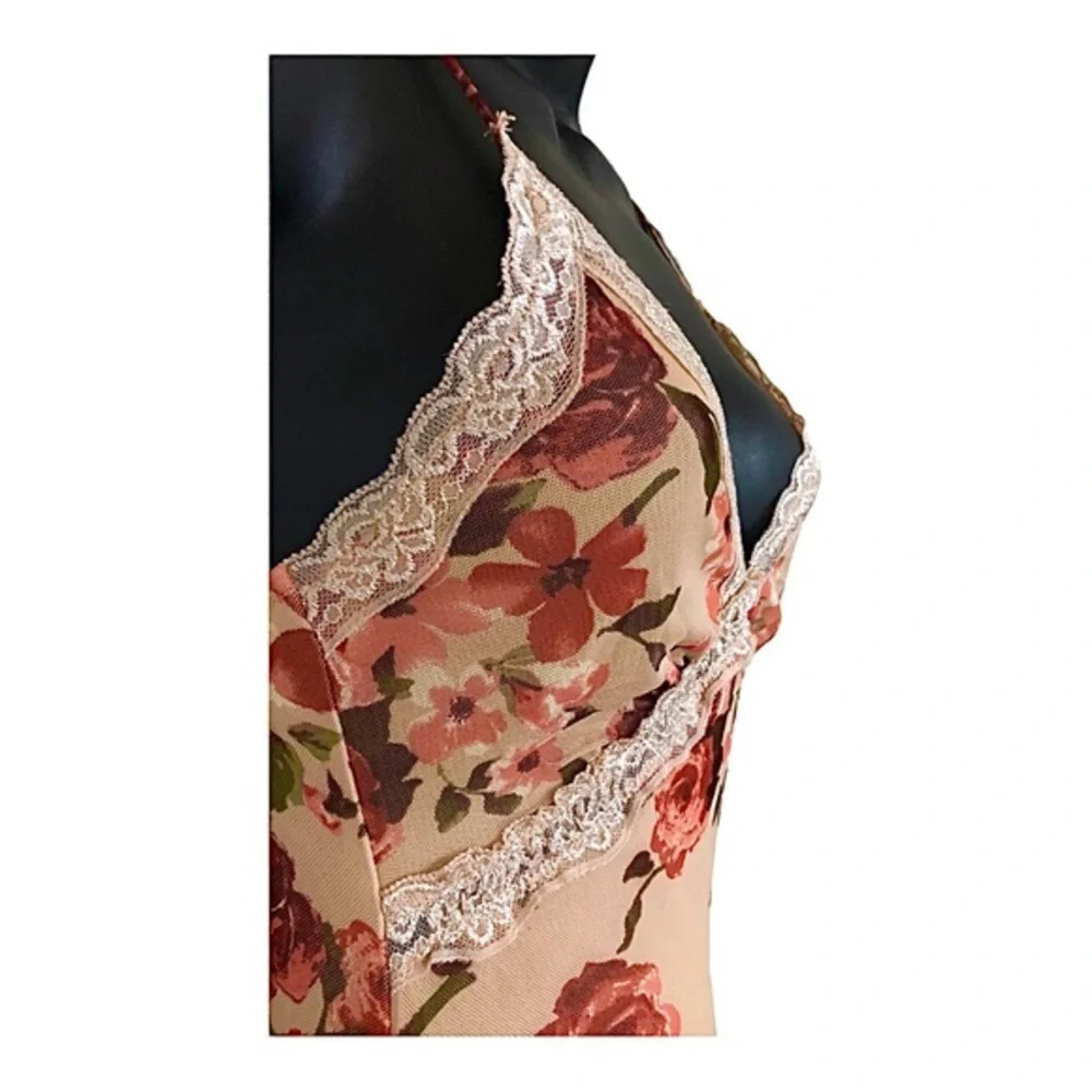 Jessica Simpson mesh red roses goth floral lace trim bodice maxi‎ slip dress